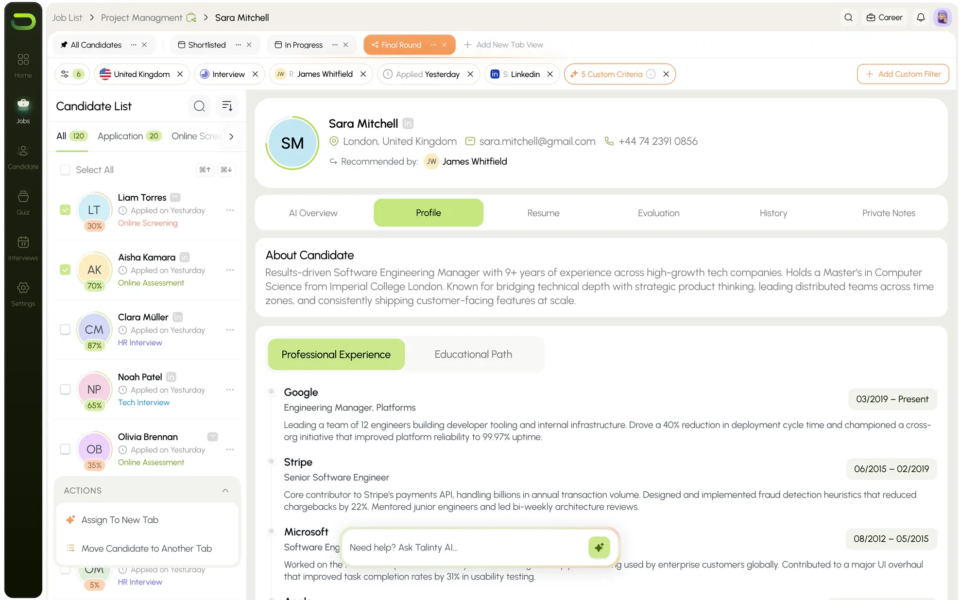 Talinty candidate profile workspace